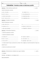Décimaux positifs - Nombres entiers - Examen Evaluation : Secondaire 1 - PDF à imprimer