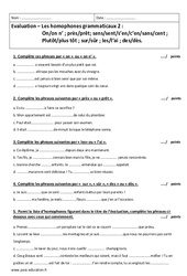 Homophones grammaticaux - Examen Contrôle  : Secondaire 2 - PDF à imprimer