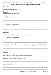 L’énergie cinétique et potentielle - Exercices avec les corrections : Secondaire 3 - PDF à imprimer