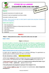 L'accord du verbe avec son sujet - Étude de la langue - Séquence - Fiche de préparation : Primaire 3 - PDF à imprimer