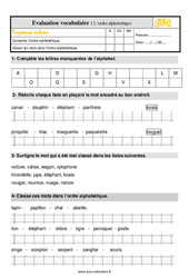 L'ordre alphabétique - Évaluation, bilan : Primaire 2 - PDF à imprimer