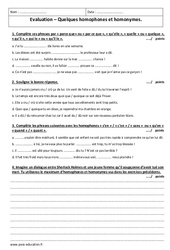 Homonymes - Homophones - Examen Evaluation  : Secondaire 3 - PDF à imprimer