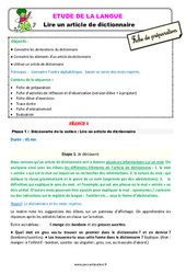 Lire un article de dictionnaire - Étude de la langue - Séquence - Fiche de préparation : Primaire 3 - PDF à imprimer