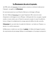 La Renaissance des arts et la pensée - Cours, Leçon - Temps modernes : Primaire 4 - PDF à imprimer