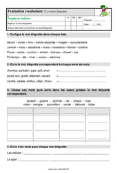 Les mots étiquettes - Étude de la langue - Examen Evaluation avec la correction : Primaire 2 - PDF à imprimer