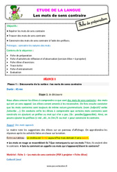 Les mots de sens contraire - Étude de la langue - Séquence - Fiche de préparation : Primaire 2 - PDF à imprimer
