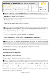 Les pronoms personnels - Évaluation, bilan : Primaire 4 - PDF à imprimer