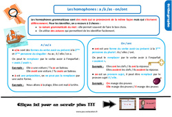 Les homophones - Fiches a /à /as - on/ont - Cours, Leçon, trace écrite : Primaire 4 - PDF à imprimer
