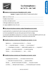 Les homophones - Fiches a /à /as - on/ont - Exercices, révisions : Primaire 4 - PDF à imprimer