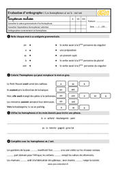 Les homophones - Fiches a /à /as - on/ont - Évaluation, bilan : Primaire 4 - PDF à imprimer