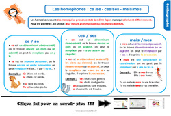 Les homophones - Fiches ce /se - ces/ses - mais/mes - Cours, Leçon, trace écrite : Primaire 4 - PDF à imprimer