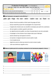 Les homophones lexicaux- Fiches pin / pain - vingt / vin mer / mère / maire au / eau / os / haut - Évaluation, bilan : Primaire 4 - PDF à imprimer