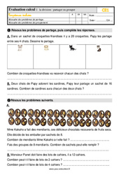 La division - Fiches partager ou grouper - Évaluation, bilan : Primaire 2 - PDF à imprimer