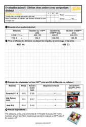 Diviser deux entiers avec quotient décimal - Évaluation, bilan : Primaire 5 - PDF à imprimer