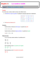 Diviser les nombres relatifs - Cours : Secondaire 2 - PDF à imprimer