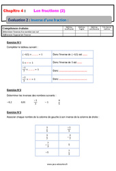 Inverse d’une fraction - Examen Evaluation, bilan, contrôle avec la correction : Secondaire 2 - PDF à imprimer