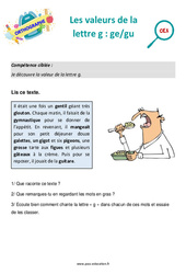 Les valeurs de la lettre g - Fiches ge/gu - Séance découverte à manipuler : Primaire 2 - PDF à imprimer