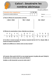 Soustraire les nombres décimaux - Évaluation, bilan avec la correction : Primaire 4, 5 - PDF à imprimer