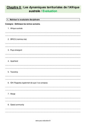 Les dynamiques territoriales de l'Afrique australe - Examen Evaluation avec les corrections : Secondaire 2 - PDF à imprimer