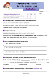 L'accord du verbe avec son sujet - Évaluation d'orthographe : Primaire 3 - PDF à imprimer