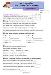 Les lettres finales muettes - Évaluation d'orthographe : Primaire 3 - PDF à imprimer