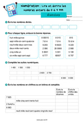 Lire et écrire les nombres entiers de 0 à 9999 - Exercices de numération : Primaire 3 - PDF à imprimer