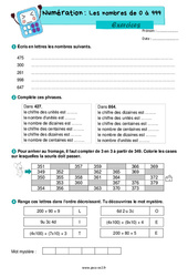 Les nombres entiers de 0 à 999 - Exercices de numération : Primaire 3 - PDF à imprimer