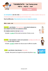 Les homophones mère - maire - mer - Cours, Leçon de vocabulaire : Primaire 3 - PDF à imprimer