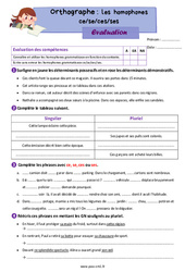 Les homophones grammaticaux - Fiches ce, se, ces, ses - Évaluation d'orthographe : Primaire 4 - PDF à imprimer