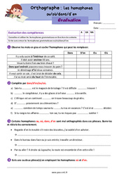 Les homophones grammaticaux - Fiches ou/où et dans/d’en - Évaluation d'orthographe : Primaire 4 - PDF à imprimer