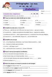 Les mots en ac, ap, af - Évaluation d'orthographe : Primaire 5 - PDF à imprimer