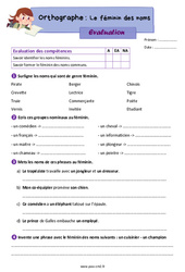 Le féminin des noms - Évaluation d'orthographe : Primaire 5 - PDF à imprimer