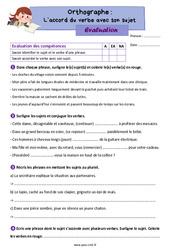L’accord du verbe avec son sujet - Évaluation d'orthographe : Primaire 5 - PDF à imprimer