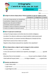 L’accord du verbe avec son sujet - Exercices d'orthographe : Primaire 5 - PDF à imprimer
