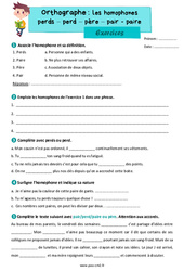 Les homophones lexicaux - Fiches perds - perd - père - pair - paire - Exercices d'orthographe : Primaire 5 - PDF à imprimer