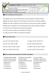 Multiplier par 10, 100, 1 000 - Examen Evaluation- Fiches QCM - Quiz  : Primaire 3 - PDF à imprimer