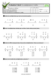 La multiplication à un chiffre - Examen Evaluation- Fiches QCM - Quiz  : Primaire 3 - PDF à imprimer