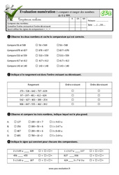 Comparer et ranger des nombres de 0 à 999 - Examen Evaluation- Fiches QCM - Quiz  : Primaire 3 - PDF à imprimer