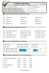 Décomposer les nombres de 0 à 999 - Examen Evaluation- Fiches QCM - Quiz  : Primaire 3 - PDF à imprimer