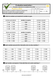Encadrer, intercaler les nombres de 0 à 999 - Examen Evaluation- Fiches QCM - Quiz : Primaire 2 - PDF à imprimer