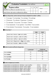 Les suffixes - Examen Evaluation- Fiches QCM - Quiz : Primaire 4 - PDF à imprimer