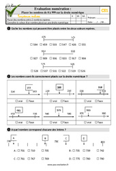 Placer les nombres de 0 à 999 sur la droite numérique - Examen Evaluation- Fiches QCM - Quiz : Primaire 2 - PDF à imprimer