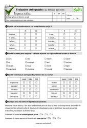 Le féminin des noms - Examen Evaluation- Fiches QCM - Quiz  : Primaire 5 - PDF à imprimer