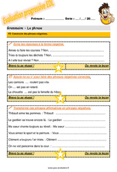 Construire des phrases négatives - Examen Evaluation progressive  avec le corrigé : Primaire 5 - PDF à imprimer