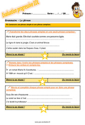 Construire une phrase simple et une phrase complexe - Examen Evaluation progressive avec le corrigé : Primaire 5 - PDF à imprimer