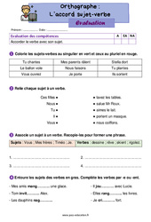 L’accord sujet - verbe - Évaluation d'orthographe : Primaire 2 - PDF à imprimer