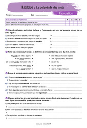 La polysémie des mots - Examen Evaluation avec la correction : Secondaire 1 - PDF à imprimer