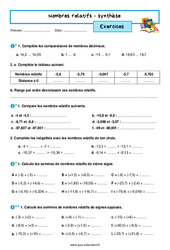 Synthèse sur les nombres relatifs - Exercices avec les corrigés : Secondaire 1 - PDF à imprimer
