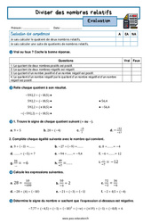 Diviser des nombres relatifs - Examen Evaluation avec la correction : Secondaire 2 - PDF à imprimer