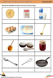 Découpe les étiquettes et colle les mots sous la bonne image - Chandeleur - Discrimination visuelle : Maternelle 2 - PDF à imprimer
